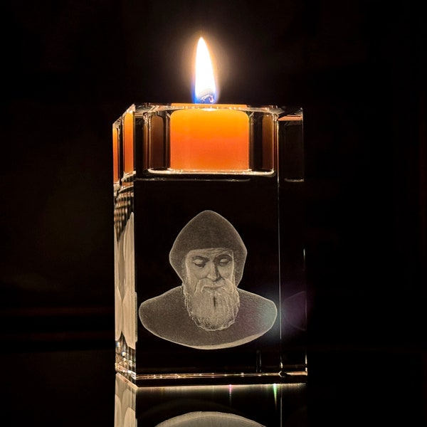 St Charbel Makhlouf 3D Engraved in Crystal Candle Holder