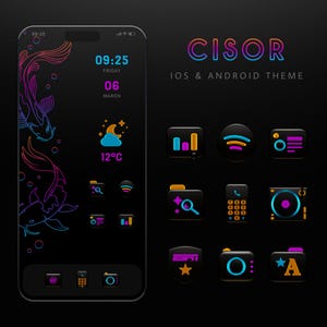 Puede incluir: Una pantalla de teléfono inteligente negra muestra un tema personalizado con peces koi de neón e iconos de aplicaciones. El tema "CISOR" incluye un widget del tiempo, la visualización de la hora y varios iconos de aplicaciones con acentos de colores vibrantes. Tema para iOS y Android.