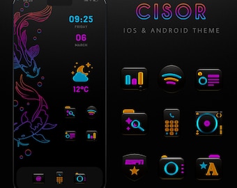 Black App Icons with Neon Blue, Pink & Orange Elements, iOS and Android Icons, IPhone Wallpaper, Custom Icons, iOS 18 App Icons, Neon Icons