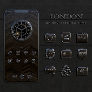 May include: A dark wood-grain iPhone screen with a silver clock face that says "LONDON" and a silver "Widgy" logo. The screen is surrounded by a silver frame. The background is a dark gray fabric with a subtle texture. The image also shows a set of silver icons for various apps, including a camera, a contact list, a note, an alarm clock, a photo, a shipping company logo, a chat bubble, a lodging app logo, and an email app logo.