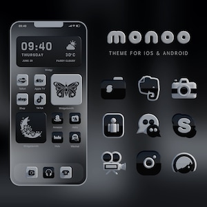 May include: A black and white phone screen mockup with a dark theme and a variety of app icons. The icons are in a grid layout and include apps like Apple TV, TikTok, Amazon, Hulu, and WeChat. The phone screen also displays the time, date, and weather.