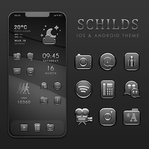 Può includere: Un mockup di uno smartphone nero e argento con un tema scuro e una varietà di icone di app. Il telefono mostra l'ora, la data e le informazioni meteorologiche. Il testo "SCHILDS IOS & ANDROID THEME" è visualizzato nella parte superiore dell'immagine.