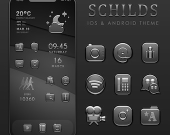 May include: A black and silver smartphone mockup with a dark theme and a variety of app icons. The phone displays the time, date, and weather information. The text "SCHILDS IOS & ANDROID THEME" is displayed at the top of the image.