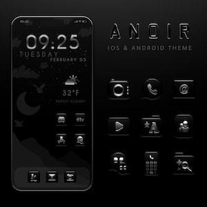Könnte beinhalten: Ein schwarzer Smartphone-Bildschirm zeigt ein benutzerdefiniertes Theme mit dunkler Ästhetik. Das Theme, mit dem Namen "ANOIR", beinhaltet stilisierte Icons und ein Wetter-Widget mit 0°C. Die Uhrzeit ist 09:25, Dienstag, 5. Februar.