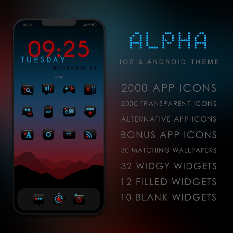 ALPHA Theme: Black Red Blue App Icon Set, Wallpapers & Widgets - Etsy