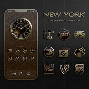 May include: A gold and brown iPhone with a custom theme featuring a clock, icons, and the text "NEW YORK" and "IOS THEME FOR IPHONE & IPAD".