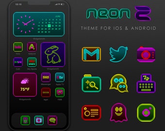 May include: A neon-themed phone screen with a clock, calendar, and app icons. The icons are in a grid pattern and include apps like Hulu, Messenger, and Apple TV. The phone screen is on a black background with the text "neon" and "THEME FOR IOS & ANDROID" in a neon font.