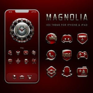 May include: A red and gold iPhone screen with a clock face and the text "MAGNOLIA IOS THEME FOR IPHONE & IPAD". The screen is surrounded by a grid of red and gold app icons, including a phone, a game controller, and a social media app.