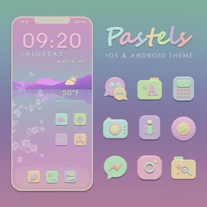 May include: A pastel-coloured phone mockup with a custom theme. The phone screen displays a clock, date, and weather information. The background is a gradient of pink, purple, and blue. The phone has a variety of pastel-coloured app icons.