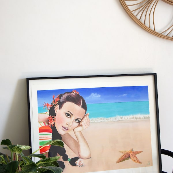 Tableau acrylique imprimé sur papier de qualité pour décoration murale, Jeune femme plage et coquillages