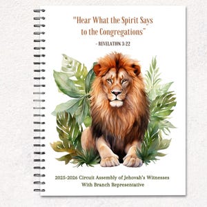 May include: A spiral-bound notebook with the text "Hear What the Spirit Says to the Congregations" and a watercolor illustration of a lion. The notebook also includes the text "2025-2026 Circuit Assembly of Jehovah's Witnesses". The words "Digital & Printable Notebook" are also visible.
