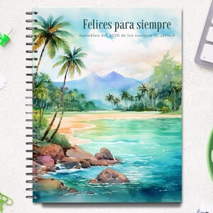 Pode incluir: Caderno espiral com uma cena de praia em aquarela. A capa apresenta palmeiras, água turquesa e uma cordilheira. O texto na capa diz "Felices para siempre" e "Notebook Digital - Printable."