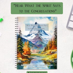 May include: A spiral-bound notebook with a watercolour landscape design featuring mountains, a lake, and trees. The cover includes the text "Hear What the Spirit Says to the Congregations" and "2025-2026 Circuit Assembly of Jehovah's Witnesses".