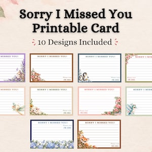May include: A collection of ten printable cards featuring the text Sorry I Missed You and Please visit JW.ORG. Each rectangular card includes lined writing space and various illustrations of animals, flowers, and plants in different coloured borders.