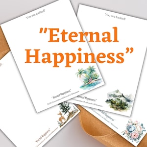 Puede incluir: Tarjetas de invitación blancas con el texto "Eternal Happiness" en naranja. Cada tarjeta tiene una ilustración de acuarela en la esquina, que incluye islas tropicales, montañas, un ciervo y flores. Una cinta dorada está en primer plano.