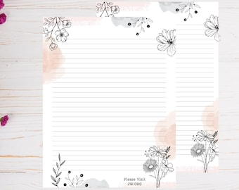 JW Letter Writing Stationery, Floral Printable Writing Paper, Lined and Blank Paper, Instant Digital Download, A4 &  8.5 x 11 Size