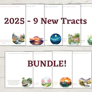 May include: A bundle of nine white tracts with watercolor illustrations and text. The title "2025 - 9 New Tracts" is in burgundy, and "BUNDLE!" is also in burgundy. Each tract features a different landscape scene and a question.