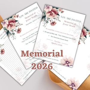 Peut inclure: Plusieurs cartons d'invitation avec des motifs floraux. Les cartes affichent le texte "YOU ARE INVITED Memorial of Jesus' Death Thursday, April 2, 2026". Le mot "Memorial" et l'année "2026" sont également visibles.
