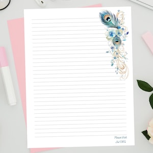 JW Letter Writing Stationery, carta da lettere stampabile con piume di pavone, carta a righe e bianca, download digitale istantaneo, formato A4 e 8,5 x 11