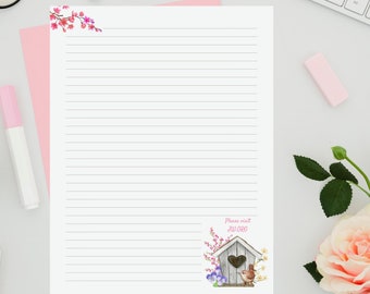 JW Letter Writing Stationery,Bird House Printable Writing Paper, Lined and Blank Paper, Instant Digital Download, A4 &  8.5 x 11 Size Floral