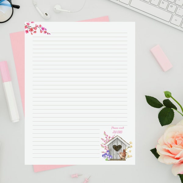 JW Letter Writing Stationery,Bird House Printable Writing Paper, Lined and Blank Paper, Instant Digital Download, A4 &  8.5 x 11 Size Floral