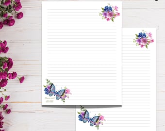 JW Letter Writing Stationery, Butterfly Printable Writing Paper, Lined and Blank Paper, Instant Digital Download, A4 &  8.5 x 11 Size Floral