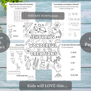Folleto de actividades divertidas Creaciones de Jehová (de 3 a 6 años), imprimibles de JW para niños, adoración familiar, hoja de actividades de reuniones, descarga instantánea