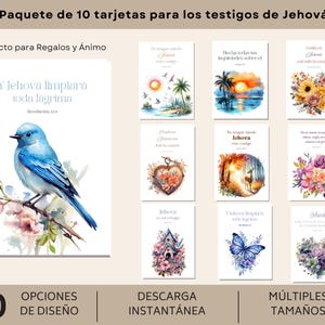 Könnte beinhalten: Ein Set aus zehn Karten mit Aquarellillustrationen. Die Karten zeigen Bilder von Blumen, Vögeln und Landschaften mit inspirierendem Text. Die Karten sind für Jehovas Zeugen bestimmt und in verschiedenen Größen erhältlich.