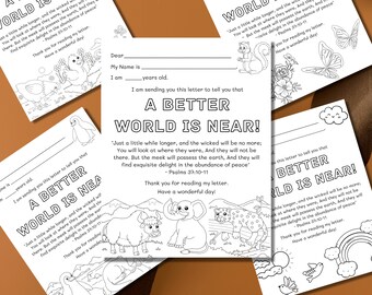 Puede incluir: Una página para colorear imprimible con una ilustración en blanco y negro de un yak, un elefante y un leopardo. La página incluye el texto "¡Un mundo mejor está cerca!" y un versículo bíblico de Salmos 37:10-11.