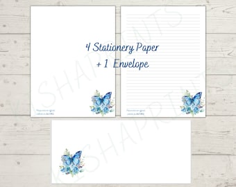 JW Letter Writing Stationery, Butterfly Printable Writing Paper with envelop, Lined and Blank Paper, A4 & 8.5 x 11 Size Floral