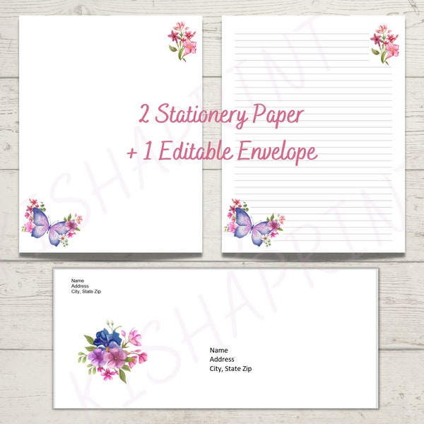 JW Letter Writing Stationery, Butterfly Printable Writing Paper, Lined and Blank Paper, Instant Digital Download, A4 & 8.5 x 11 Size Floral