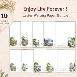 Puede incluir: Un paquete de 10 hojas de papel para escribir cartas en color blanco, cada una con una ilustración de paisaje colorida y única en la parte inferior. El texto "Enjoy Life Forever! Letter Writing Paper Bundle" y "10 DESIGNS INCLUDED" aparece arriba.