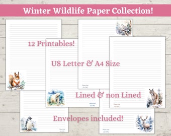 JW Winter Wildlife Stationery Bundle with Printable Animal Letter Writing Paper, A4 & US Letter, Digital Download, Envelope Included