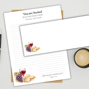 May include: White invitation stationery set with the text "You are Invited" and "Memorial of Jesus Death". Includes a lined letter sheet, an envelope, and a pen. The design features a watercolor illustration of a wine glass, grapes, and bread.