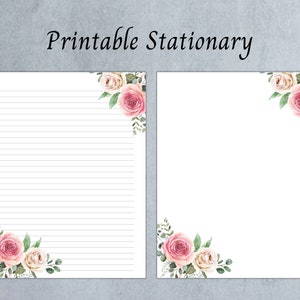 Schönes Blumendruckbares Briefpapier, Briefpapier, Sofort Download, A4 & Letter, 8,5 x 11, liniertes Papier, Aquarell Rosen Druck