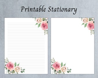 Beautiful Floral Printable Stationery Paper, Writing Paper, Instant Download, A4 & Letter , 8.5 x 11, Lined paper, Water color Roses Print