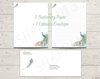 JW Letter Writing Stationery, Peacock Printable Writing Paper, Lined and Blank Paper, Instant Digital Download, A4 & 8.5 x 11 Size Floral