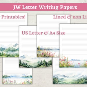 JW Brief Brief Schreiben Bundle, Berg & Wald druckbares Briefpapier, A4 und US Letter Format, digitaler Download, natürliches gefüttertes und leeres Papier