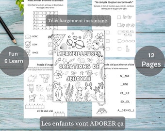 French Jehovah's Creations Fun Activity Booklet (Ages 3-6), JW Printables for Kids, Family Worship, Meeting Activity Sheet, Instant Download