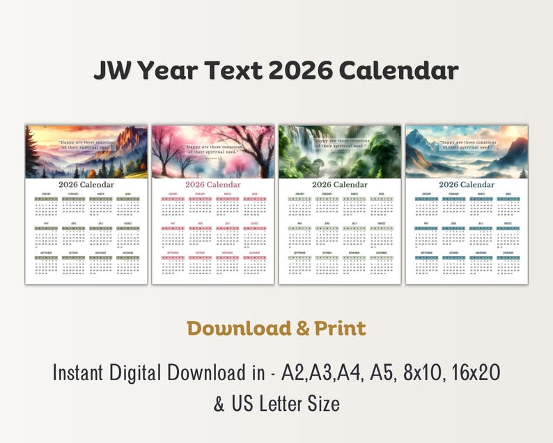 JW 2026 Year Text Calendar Printable | Matthew 5:3 Scripture ...