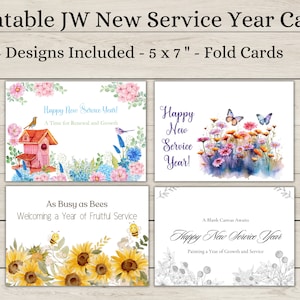 Tarjetas de felicitación digitales JW Happy New Service Year - Conjunto de 4 diseños con Escrituras, Descarga instantánea, Regalo JW, JW Pioneer, Tarjeta digital