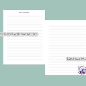 Op de afbeelding: Twee pagina's gelinieerd papier, &eacute;&eacute;n met de tekst "Points to remember", de andere met "Extra page included". De pagina's zijn wit met paarse tekst en een bloemenontwerp. De tekst "Points to remember page included" is ook zichtbaar.