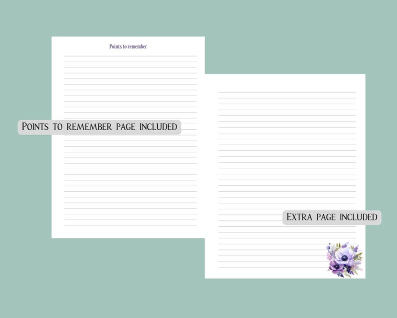 Op de afbeelding: Twee pagina's gelinieerd papier, &eacute;&eacute;n met de tekst "Points to remember", de andere met "Extra page included". De pagina's zijn wit met paarse tekst en een bloemenontwerp. De tekst "Points to remember page included" is ook zichtbaar.