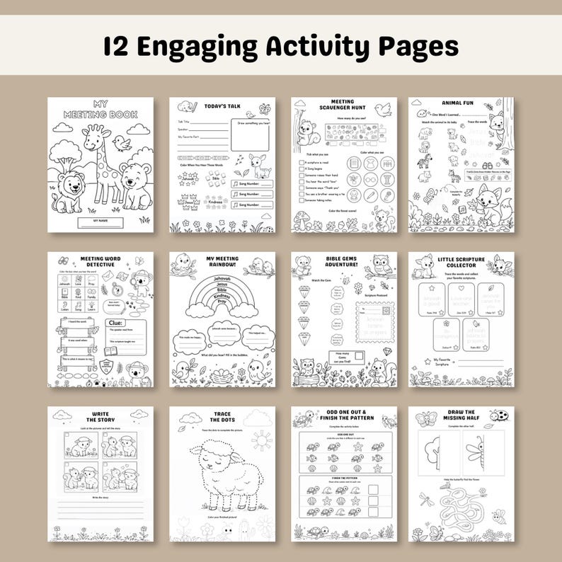 Printable JW kids activity book with 12 unique pages including tracing maze matching writing and scavenger hunt activities