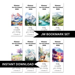 Op de afbeelding: Een set van acht bladwijzers met aquarel landschapsontwerpen. Elke bladwijzer toont de tekst "Pioneer Service School 2026" en een Bijbelvers. De set is gelabeld met "JW BOOKMARK SET" en is direct te downloaden.