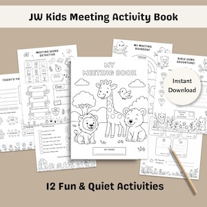 May include: A collection of black and white activity pages for kids, featuring the text "JW Kids Meeting Activity Book." The pages include coloring activities, word games, and the text "My Meeting Book." The phrase "Instant Download" is also visible.