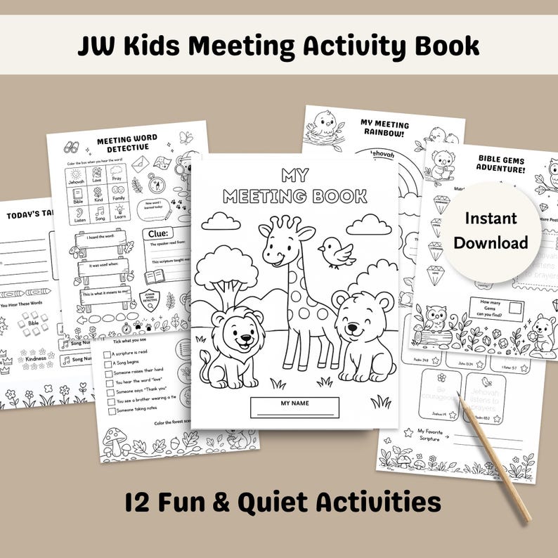 JW kids meeting activity book printable with 12 quiet activities pages for meetings, black and white coloring workbook for Jehovah Witness children