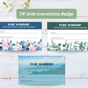 Insignias de Adoración Pura de la Convención JW 2025, Tarjeta de presentación de la Convención JW, Imprimible JW, Insignias de la Convención Regional, Insignias de nombre JW, Regalos JW