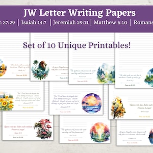 Puede incluir: Un juego de diez papeles de escritura JW imprimibles únicos. Cada hoja presenta un diseño rayado con una ilustración de acuarela y un versículo bíblico. El banner superior dice "JW Letter Writing Papers."