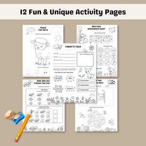 JW printable kids workbook showing different activity pages like maze dot tracing pattern and writing for meeting use